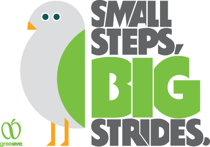 Poster with GreeNYC Bird Mascot that reads "Small Steps, Big Strides"